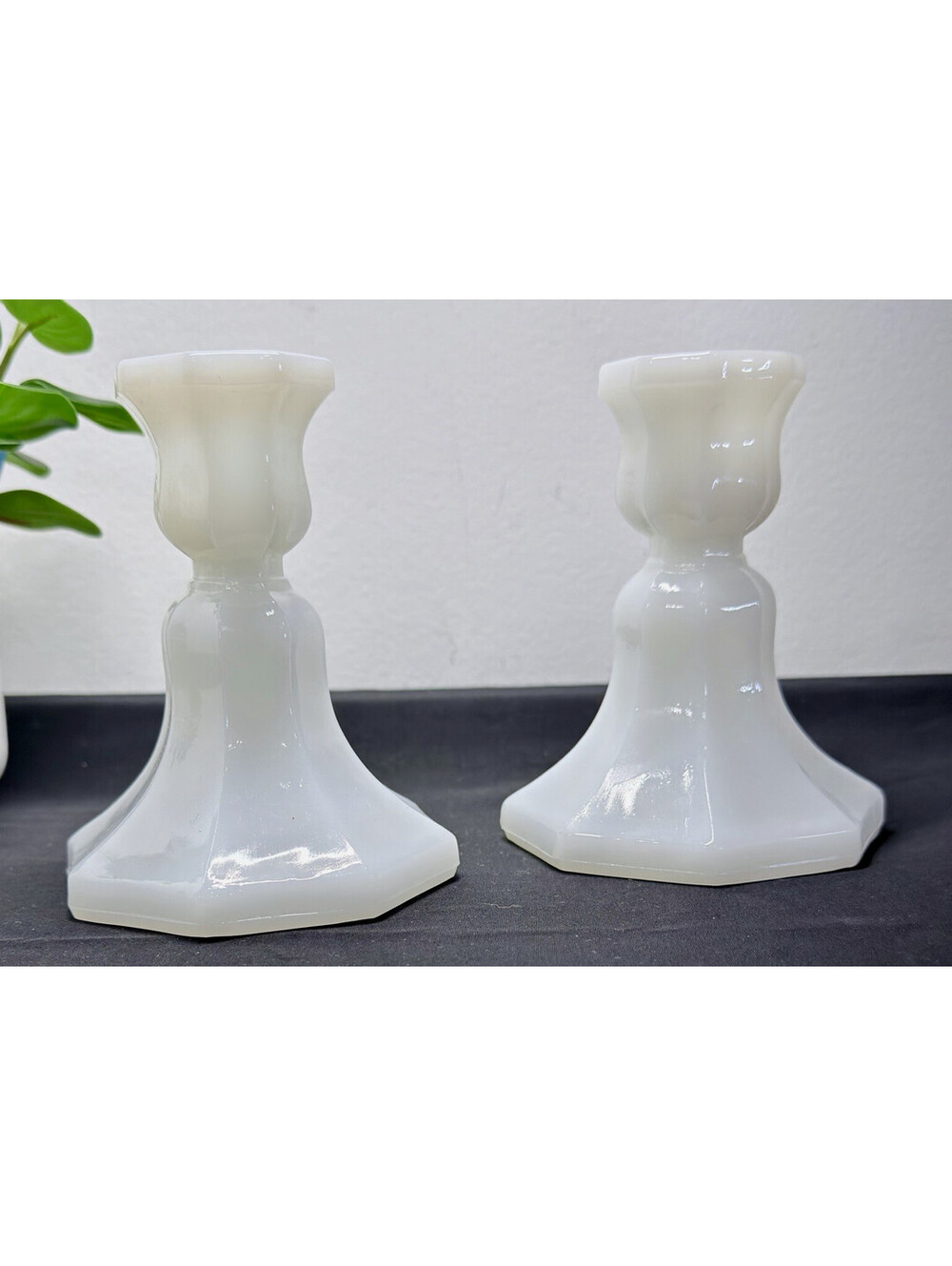 2 vintage Anchor Hocking White milk Glass Taper/Dinner Candle Holders